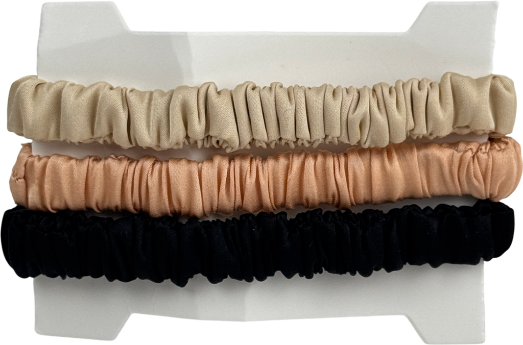 SILKI. Black Set Of 3 Luxury 100% Mulberry Silk Hair Scrunchies - Black/ Champagne/pink One Size