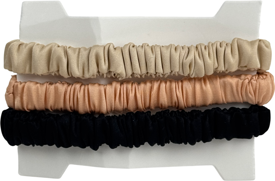 SILKI. Black Set Of 3 Luxury 100% Mulberry Silk Hair Scrunchies - Black/ Champagne/pink One Size
