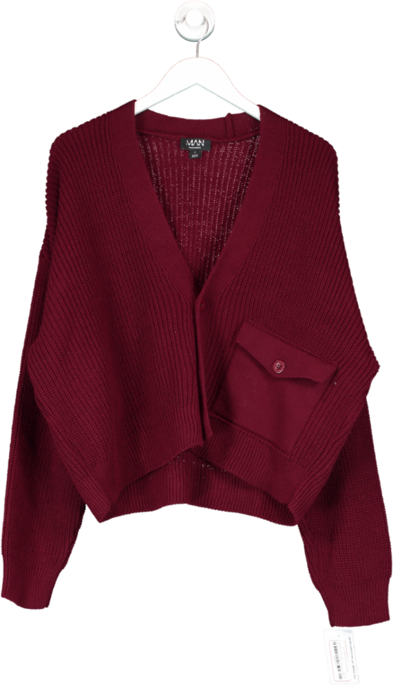 boohooMan Red Boxy Pleated Patch Pocket Cardigan UK S