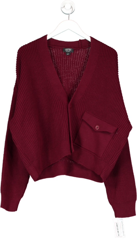 boohooMan Red Boxy Pleated Patch Pocket Cardigan UK S
