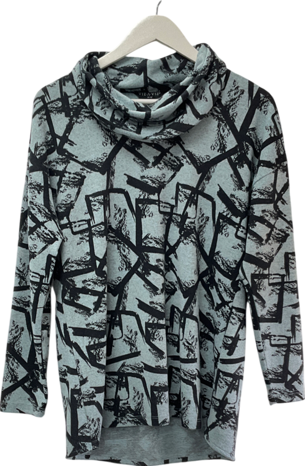 viza viz Blue Square Abstract Print Cowl Neck Top UK 14