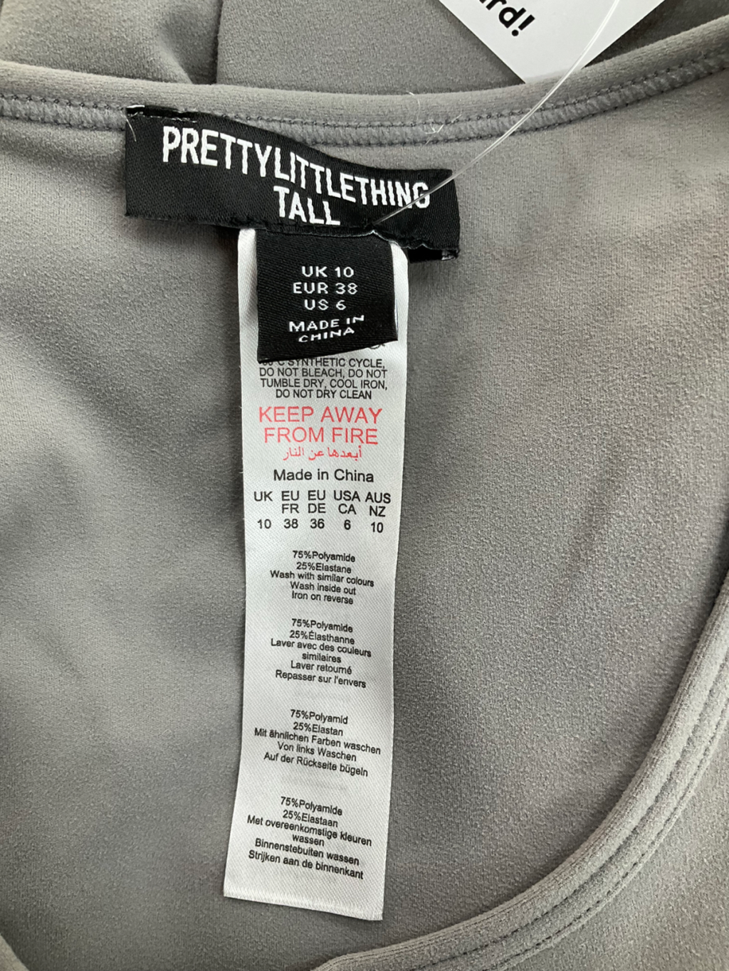 PrettyLittleThing Grey Charcoal Contour Sculpt Long Sleeve T Shirt UK 10