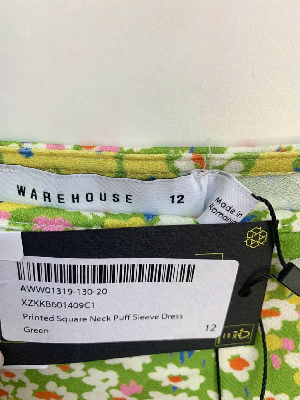 Warehouse Green Printed Square Neck Puff Sleeve Dress UK 12