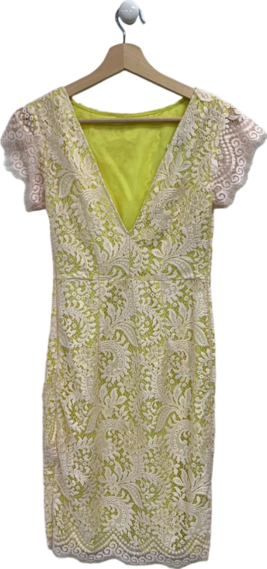 Pinko Yellow Lace V-Neck Dress UK 8