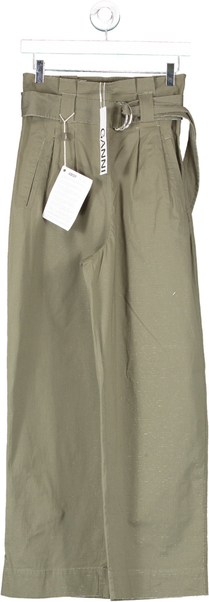 Ganni khaki Green Belted Cotton-Blend Wide-Leg Pants  UK 8