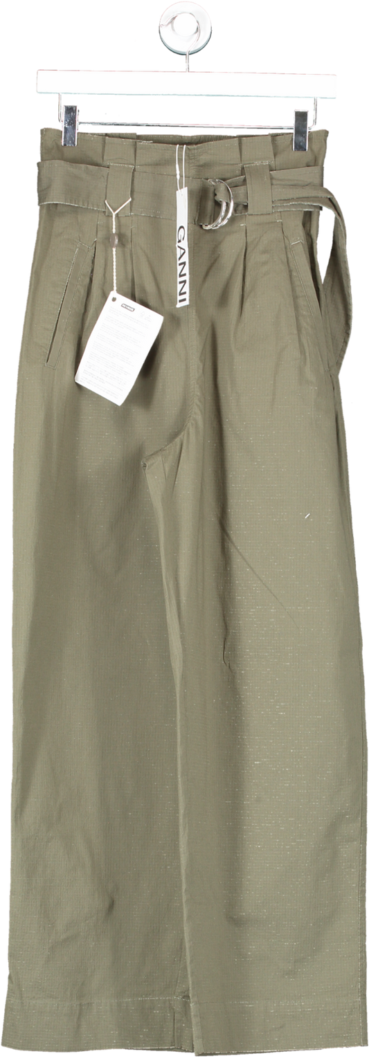 Ganni khaki Green Belted Cotton-Blend Wide-Leg Pants  UK 8