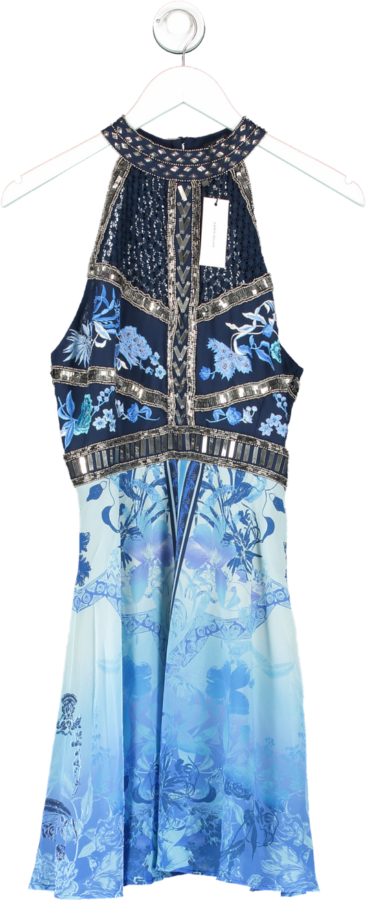 Karen Millen Blue Cross Front Beaded Embellished Woven Mini Dress UK 10