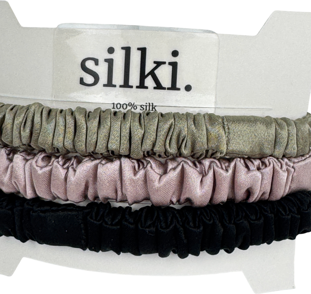 SILKI. Green Set Of 3 Luxury 100% Mulberry Silk Hair Scrunchies - Olive Green/pink/black One Size