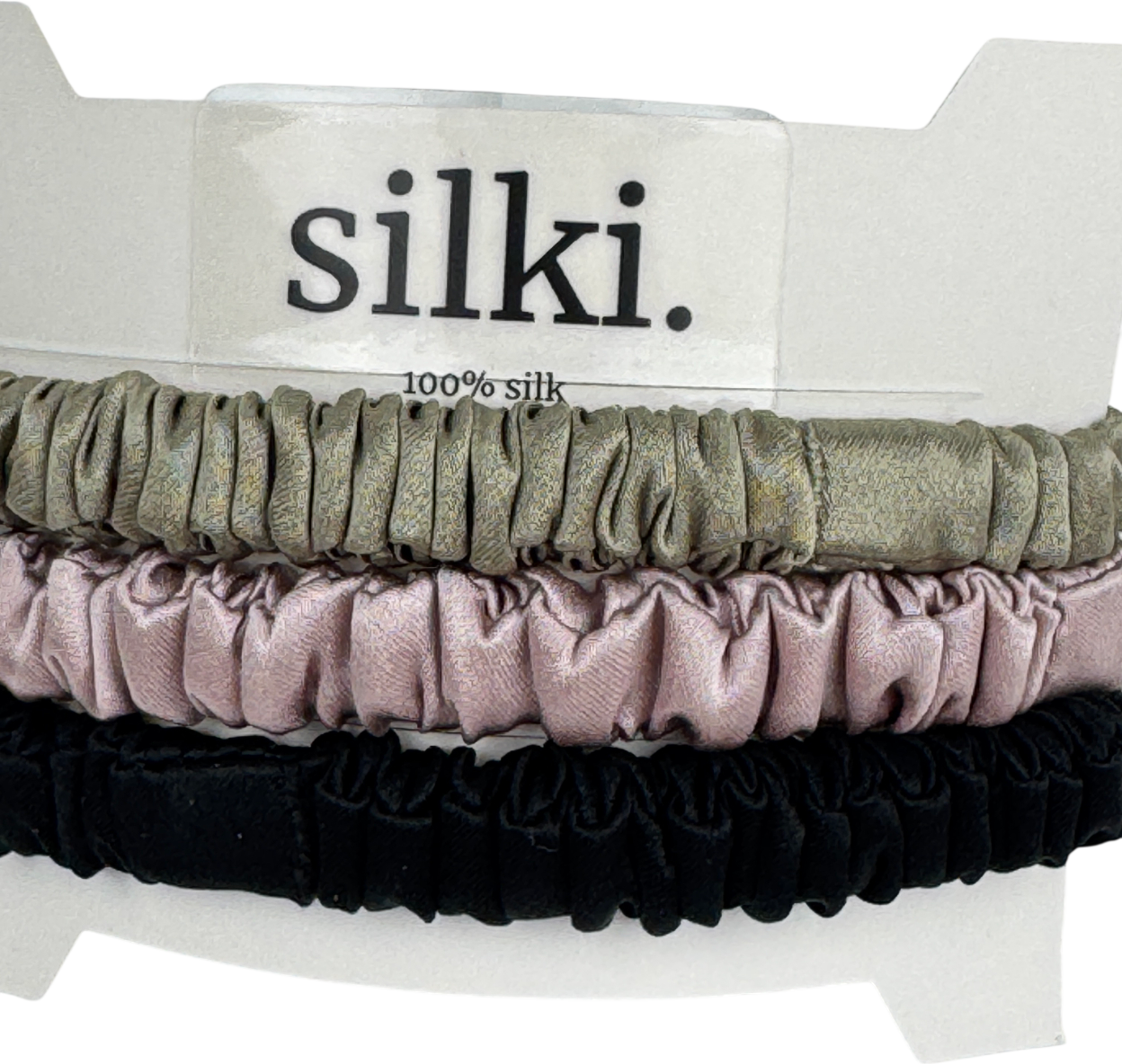 SILKI. Green Set Of 3 Luxury 100% Mulberry Silk Hair Scrunchies - Olive Green/pink/black One Size