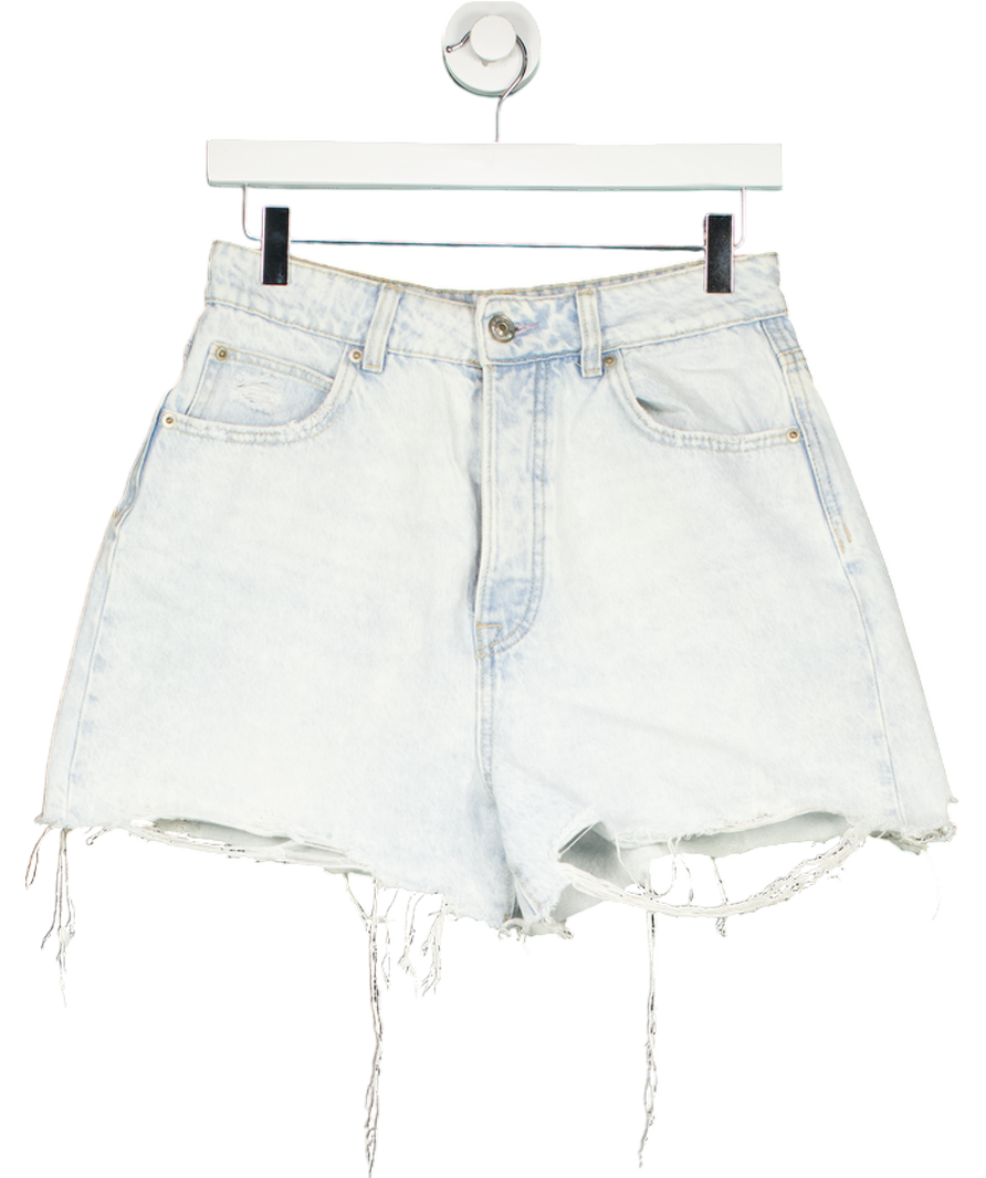 Stradivarius Blue High Waisted Ripped Denim Shorts UK 10