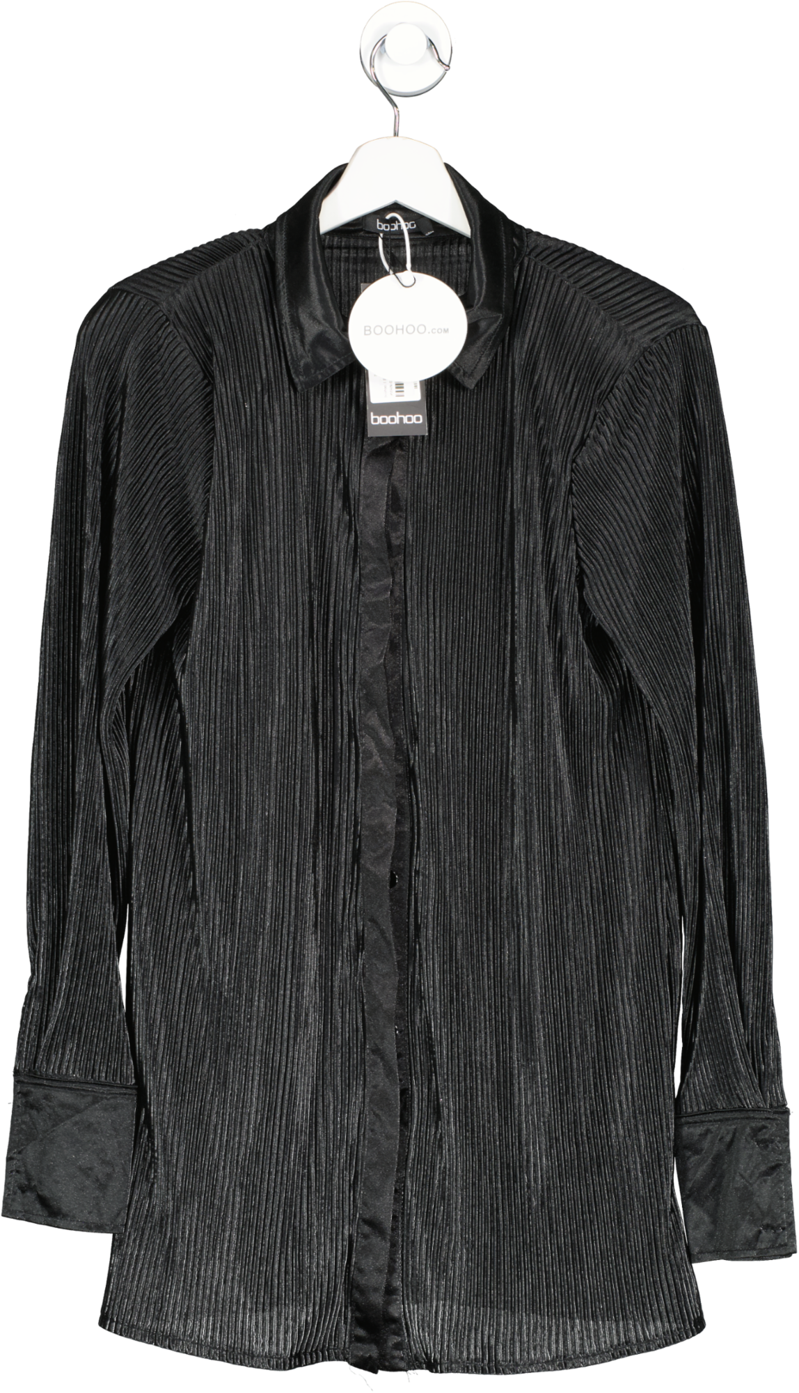 boohoo Black Satin Plisse Oversized Shirt UK 8