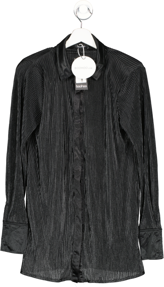 boohoo Black Satin Plisse Oversized Shirt UK 8