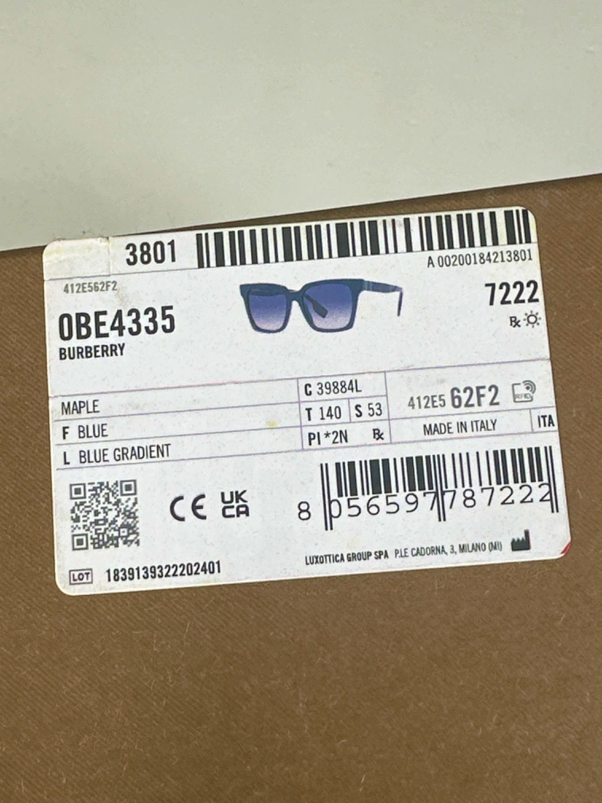 Burberry BE 4335 Maple 39884L Blue Sunglasses in Case & Box