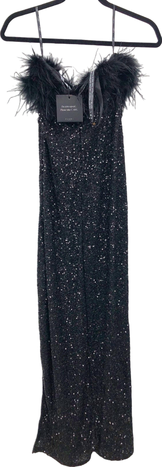 Club L London Black Feather Trim Sequin Maxi Dress UK 6