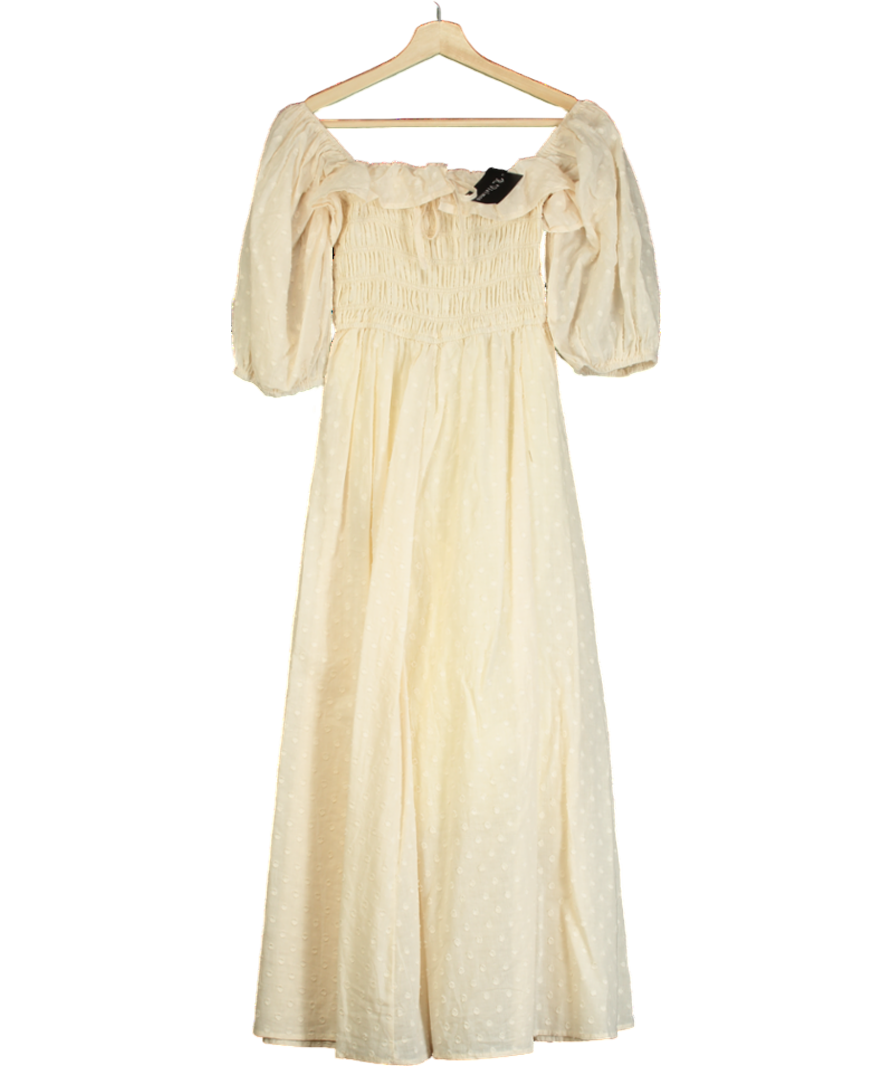 R.Vivimos Cream Square Neck Puff Sleeve High Waist Midi Dress UK S