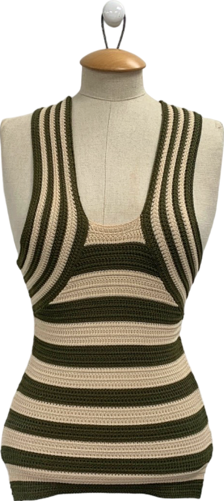 Karen Millen Olive Stripe Viscose Blend Crochet Knit Cross Front Top XS