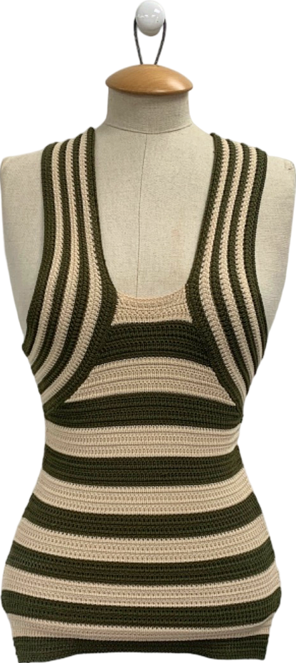 Karen Millen Olive Stripe Viscose Blend Crochet Knit Cross Front Top XS