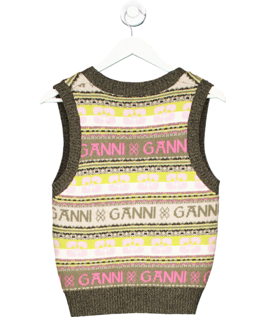 Ganni Multicoloured Fairisle Wool Logo Tank Top UK S