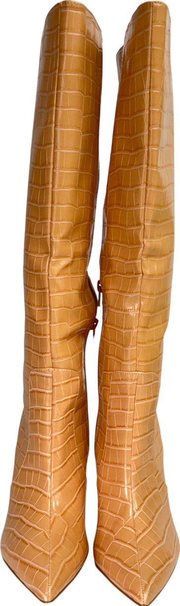 Public Desire Beige Best Believe Caramel Croc Pointed Toe Heeled Knee High Boots UK 6 EU 39 👠