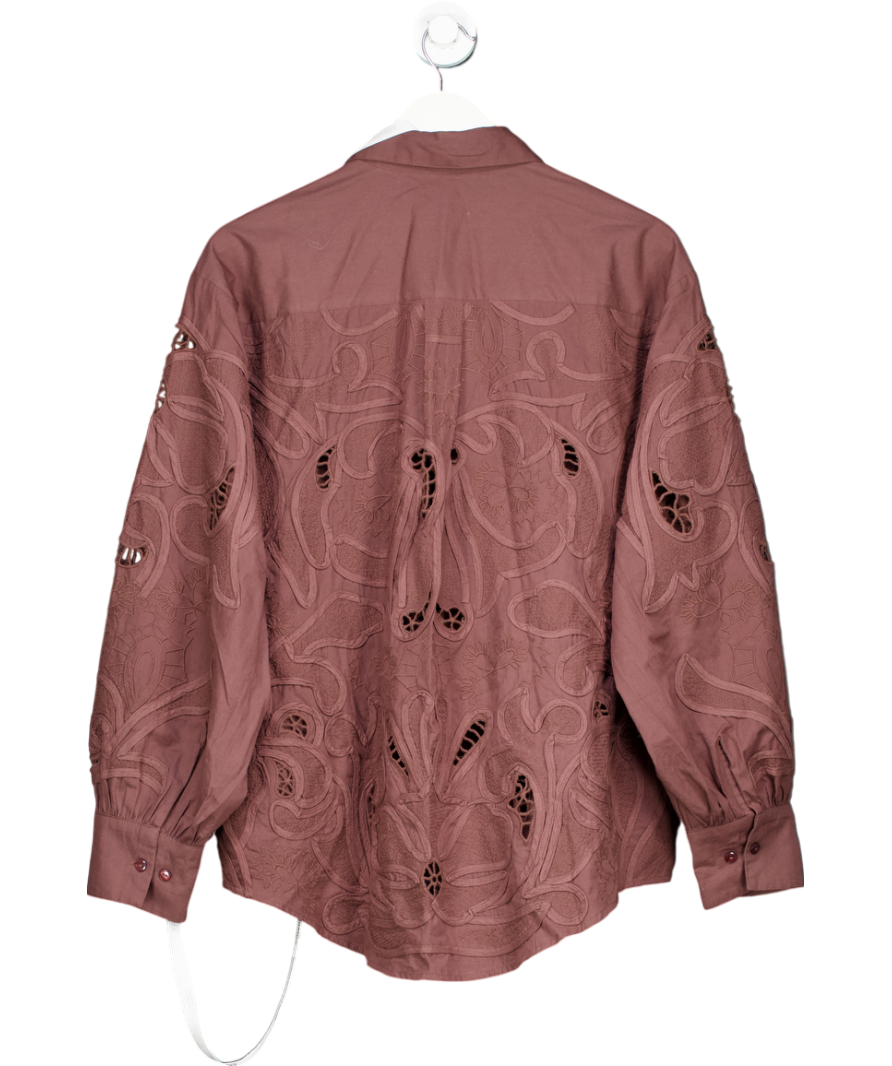 arrange Brown Cotton Mirrored Floral Embroidered Cutwork Shirt Co-ord UK 4