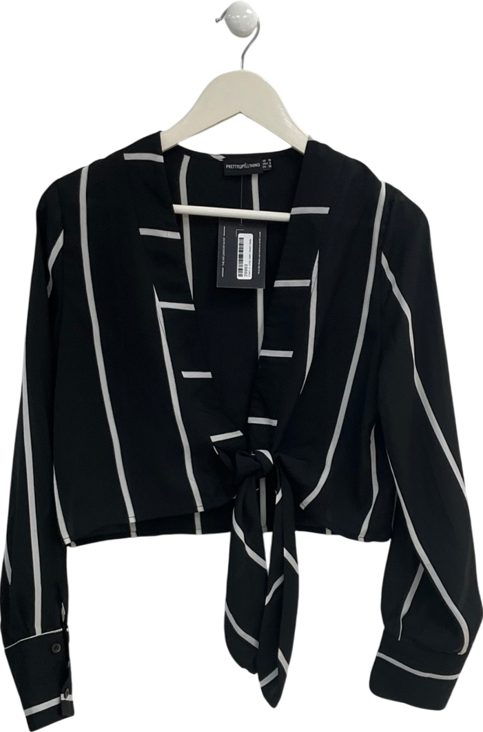 PrettyLittleThing Black Striped Tie Front Top UK 10