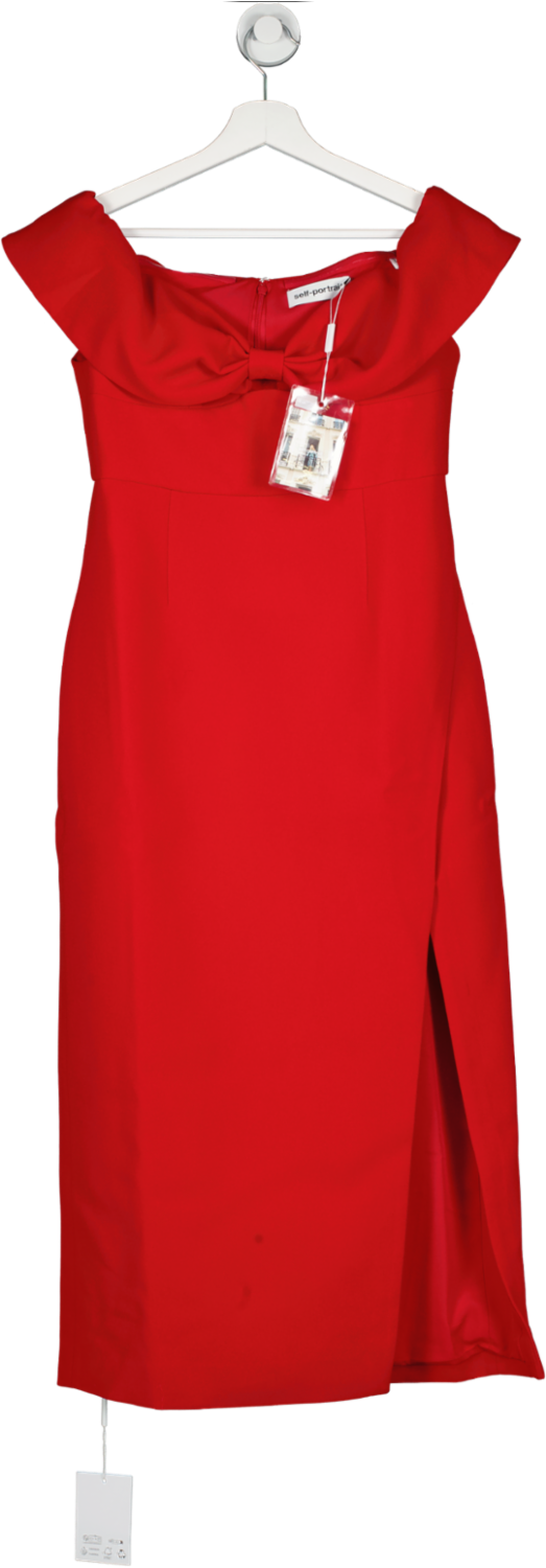 Self-Portrait Red Crepe Off Shoulder Bow Midi Dress BNWT UK 12