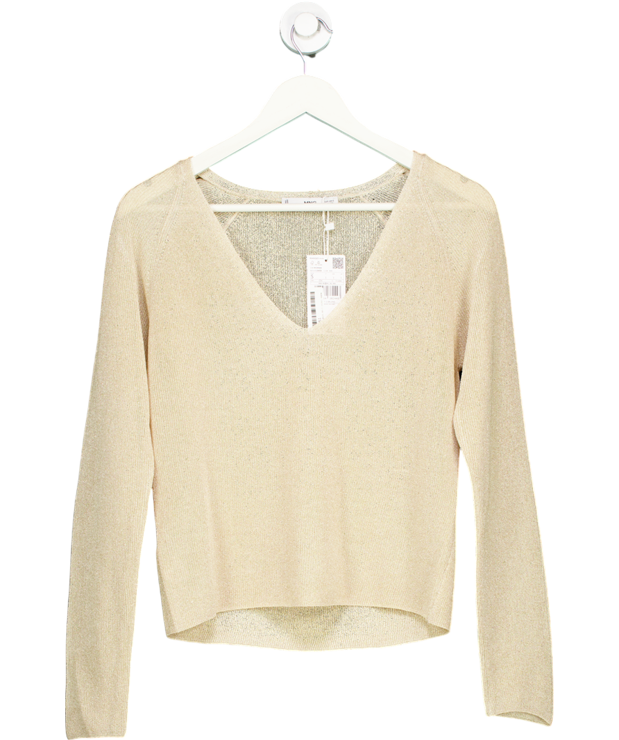 MANGO Gold metallic V-neck Lurex Sweater UK S