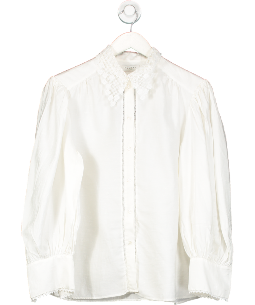 Sandro Cream Viscose/ Linen Blend Lace Collar Blouse UK 8
