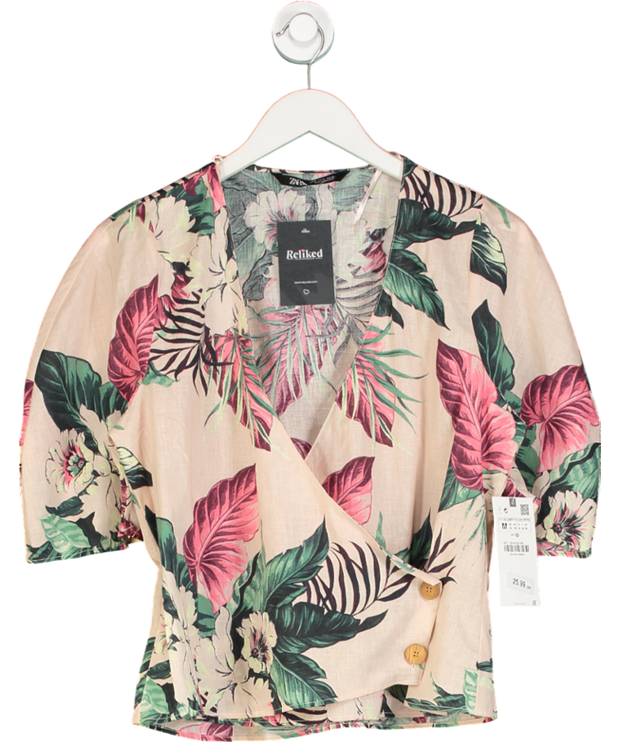 ZARA Pink Tropical Print Linen Blend Top UK M