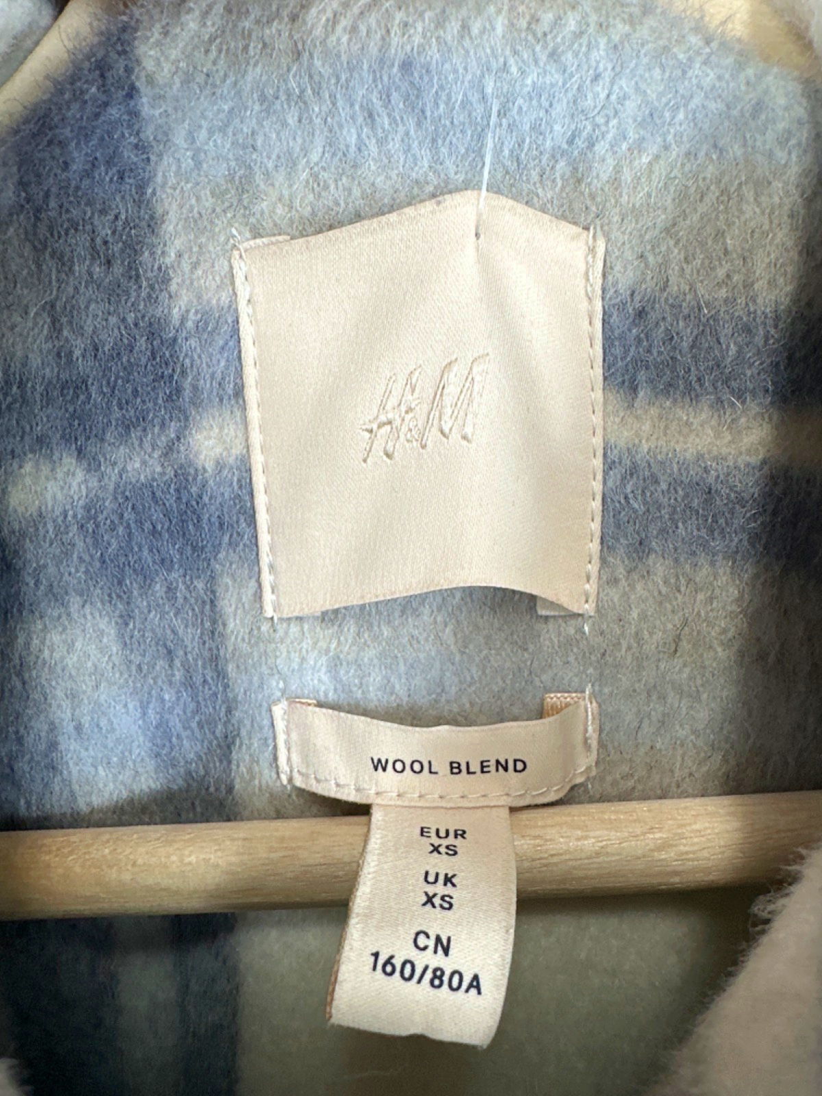 H&M Blue/White Plaid Wool-Blend Long Coat XS