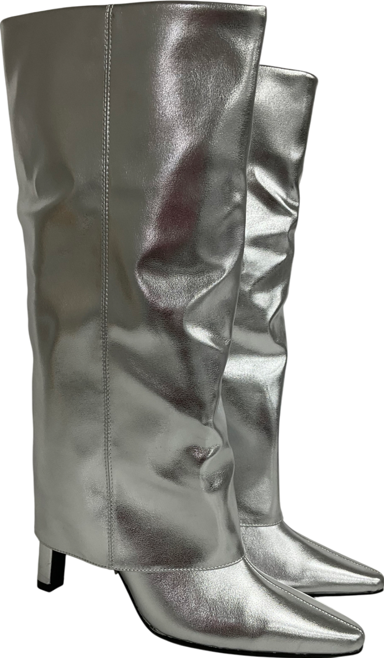 Next Metallic Silver Forever Comfort® Knee High Cuffed Boots UK 4 EU 37 👠