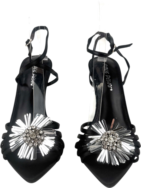 Public Desire Reign Heeled Sandals With Flower Detail In Black And Silver UK 4 EU 37 👠
