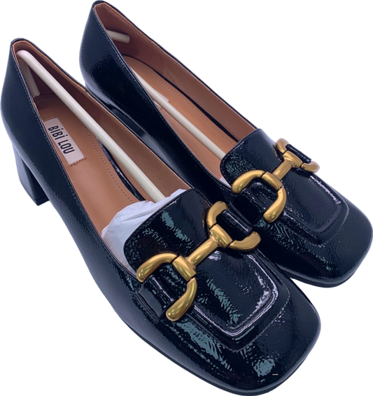 Bibi Lou Black Patent Leather Block Heel Loafers UK 7