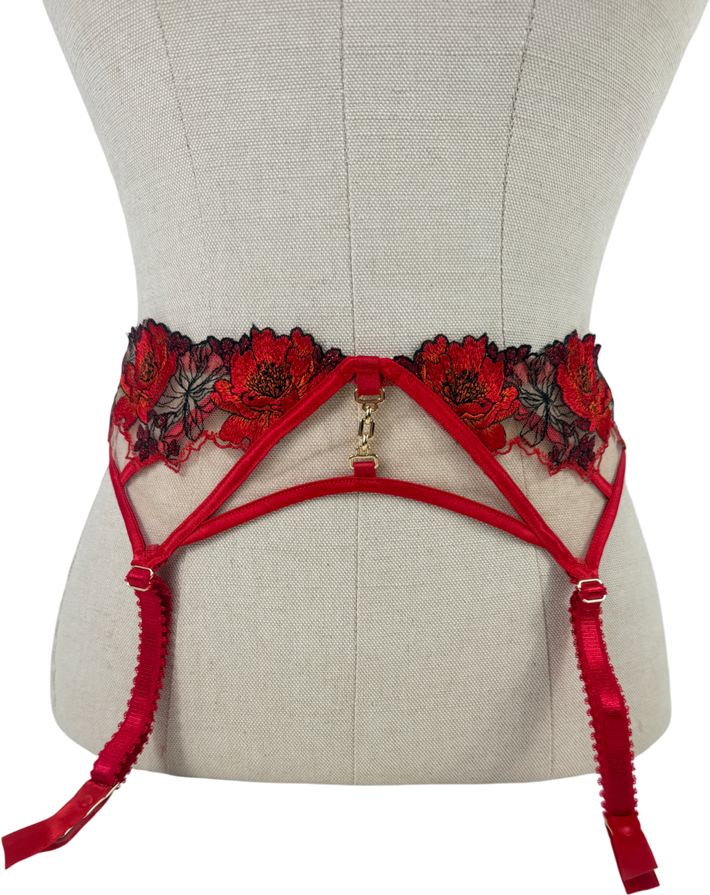 Ann Summers Red Caged Rose Floral Print Embroidery Suspender Belt UK S