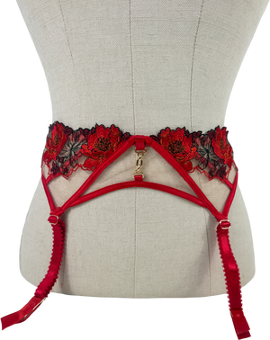 Ann Summers Red Caged Rose Floral Print Embroidery Suspender Belt UK S