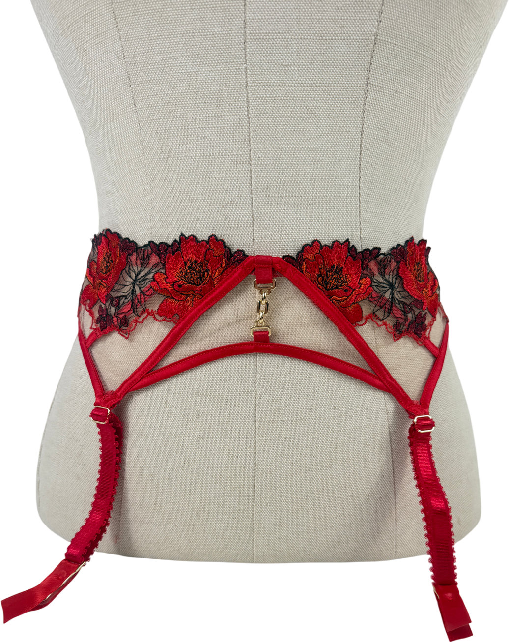 Ann Summers Red Caged Rose Floral Print Embroidery Suspender Belt UK S