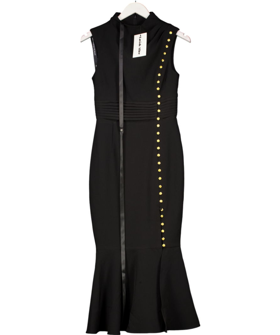 Lavish Alice Saffron High Neck Rose Button Midi Dress In Black UK 8