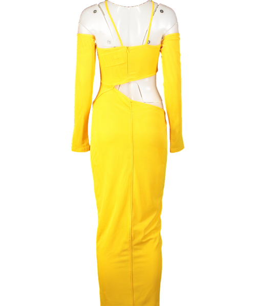 BBXBRAND Yellow Cut-out Mesh Maxi Dress UK XS
