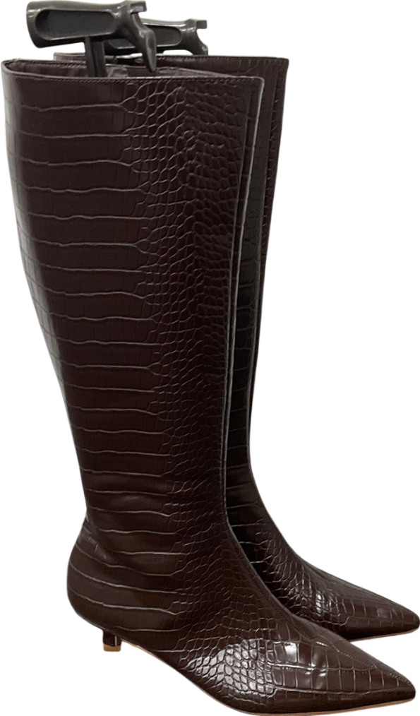 sainsburys TU Patent Brown Croc Design Long Length Kitten Heel Boots UK 6 EU 40 👞