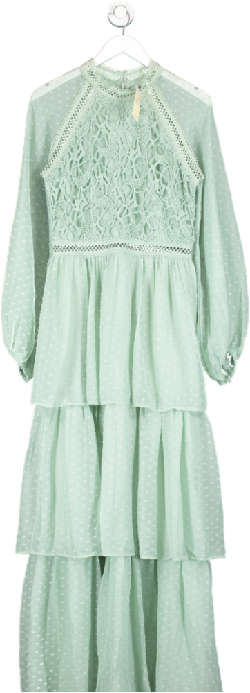 Oasis Green Lace Balloon Sleeve Tiered Maxi Dress Sage UK 12