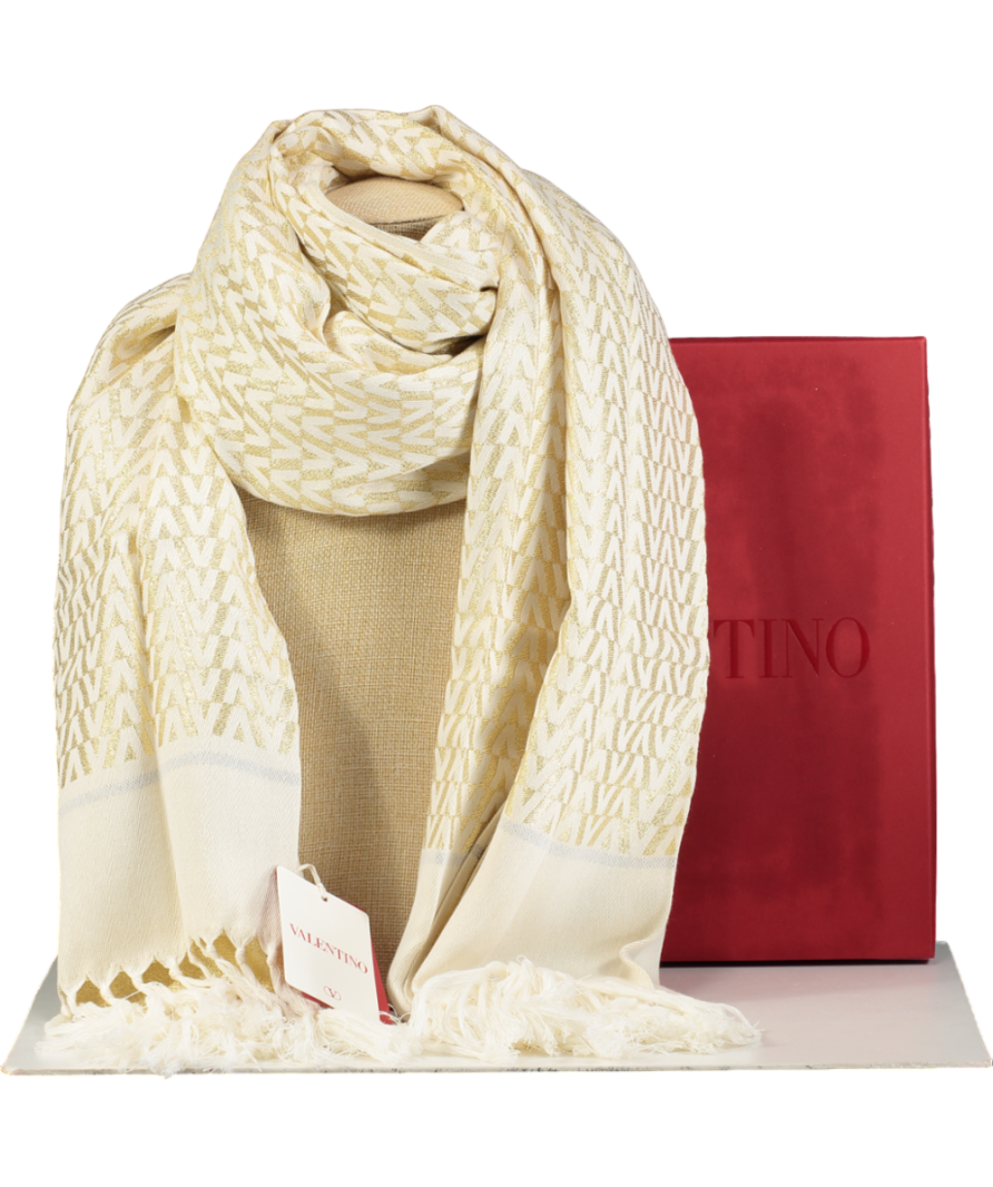Valentino Garavani Metallic Gold / Ivory Fringed Logo Scarf In Box One Size
