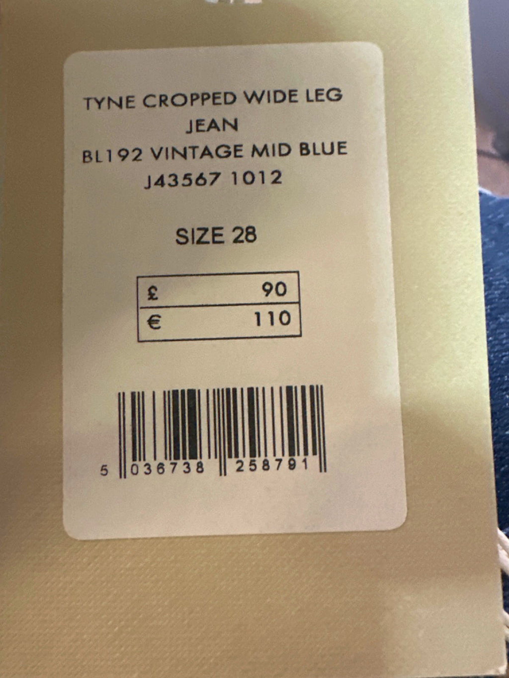 Jigsaw Vintage Mid Blue Tyne Cropped Wide Leg Jean W28