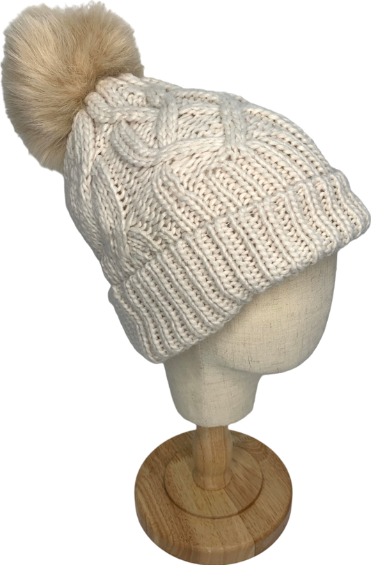 Free People Beige Knitted Beanie Hat With Faux Fur Bobble One Size