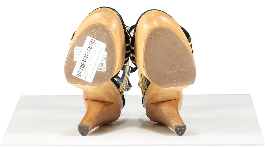 Vanessa Bruno Metallic Gold/black Wooden Heeled Platform Sandals UK 4 EU 37 👠