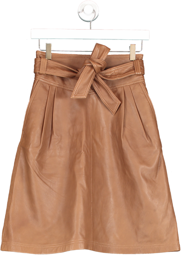 Massimo Dutti Brown Leather Belted Midi Skirt UK XS