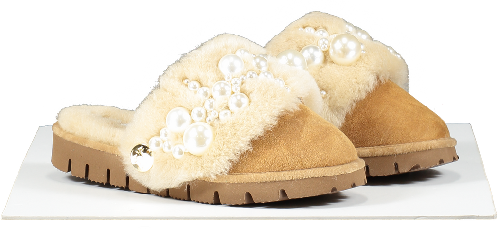 Alameda Turquesa Beige Luxury Pearl Embellished Shearling Mules BNIB UK 3 EU 36 👠