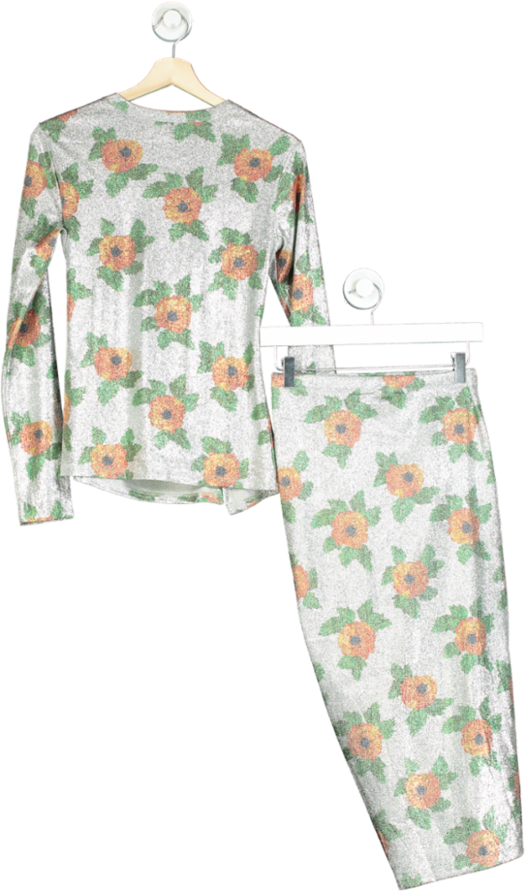 Paco Rabanne Silver Floral Ruched Top and Skirt Set UK 6