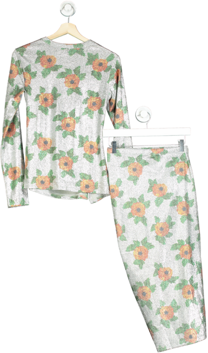 Paco Rabanne Silver Floral Ruched Top and Skirt Set UK 6