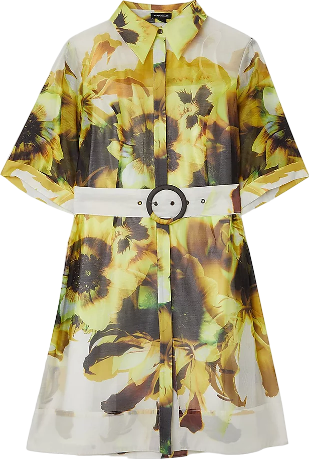 Karen Millen Yellow Photographic Floral Organdie Belted Mini Dress BNWT UK 6