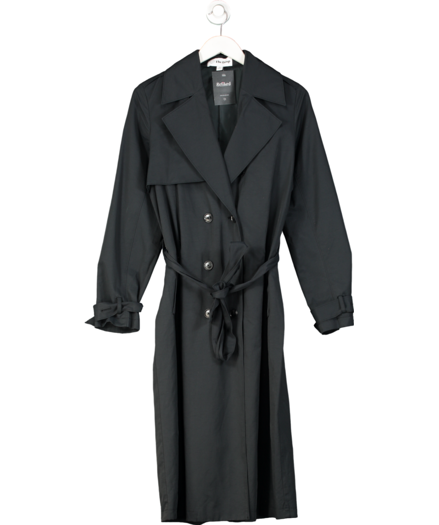 The Drop Black Long Trench Windproof Coat With Belt Long Sleeve UK XS